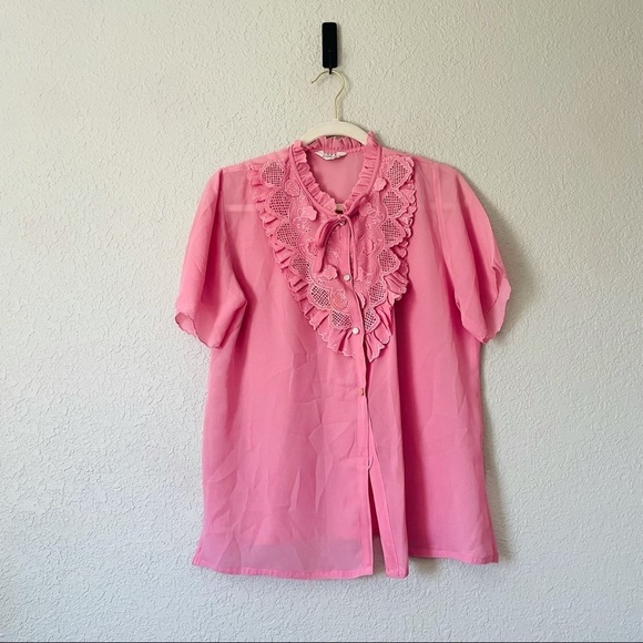 Vintage Pink Ruffle lace Floral Front Tie Blouse with Buttons - Picture 1 of 14